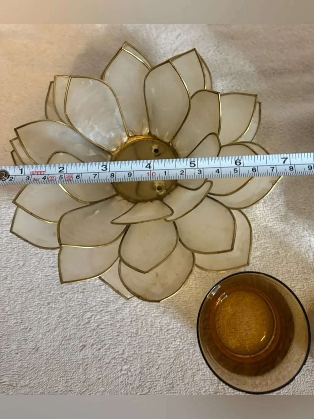 PAIR VINTAGE CAPIZ SHELL LOTUS STYLE BRASS ACCENT EDGE VOTIVE CANDLE HOLDER